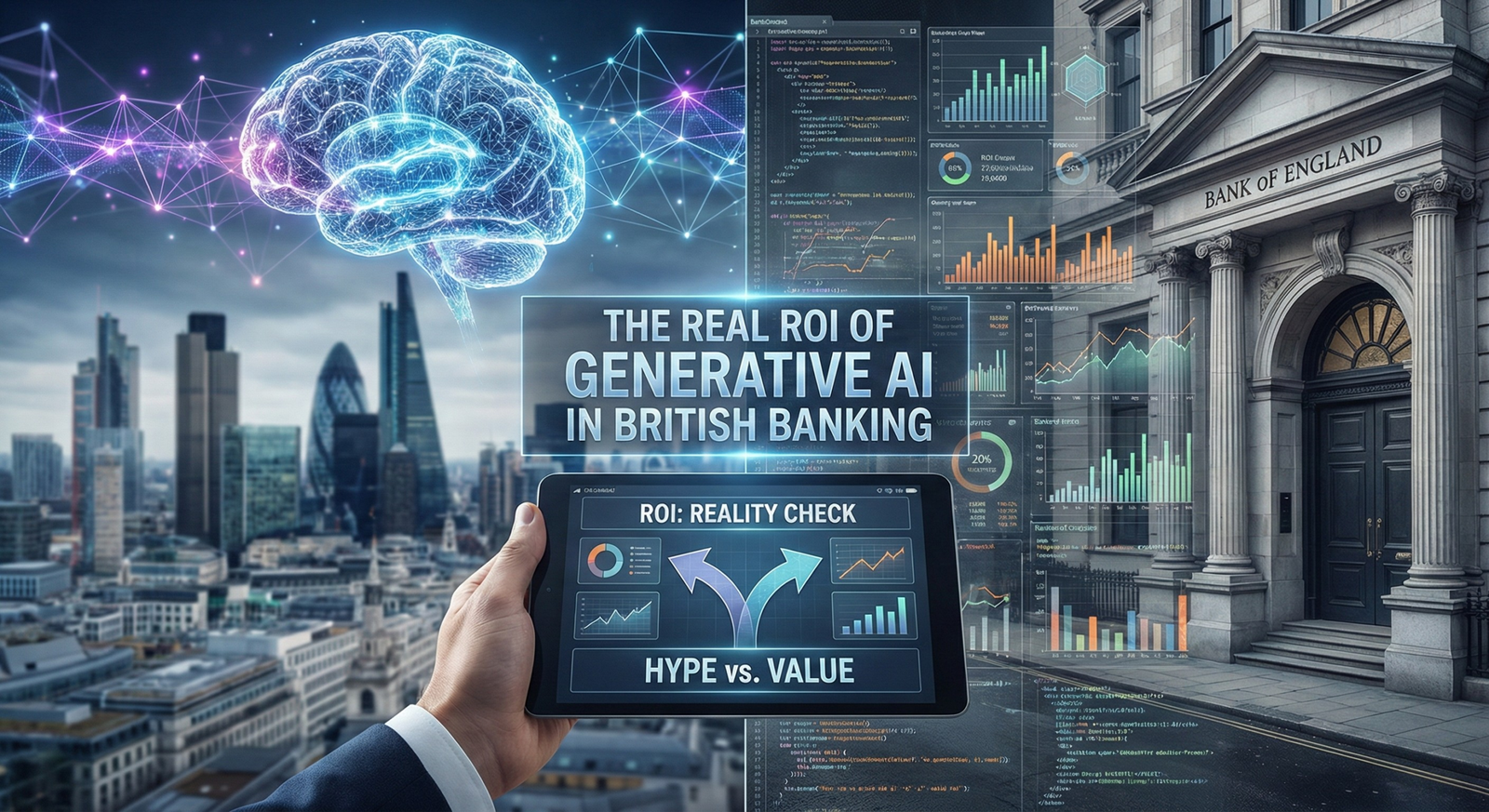 A featured image for the report 'The Real ROI of Generative AI in British Banking.' The left side shows a digital brain and the London skyline, representing 'HYPE' with low analytics/data percentages. The right side shows a British bank building with data dashboards and code, representing 'VALUE' with higher analytics/data percentages. A hand holds a tablet displaying the title and a 'HYPE vs. VALUE' infographic.