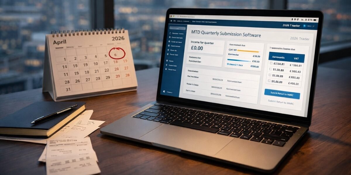 UK sole trader desk showing MTD for sole traders UK 2026 quarterly submission software
