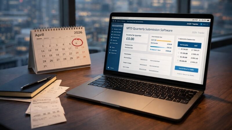 UK sole trader desk showing MTD for sole traders UK 2026 quarterly submission software