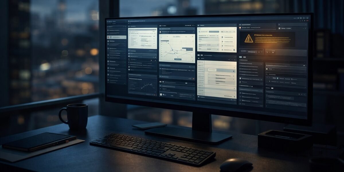 Shadow AI UK business governance gap with unapproved AI tools on office monitor