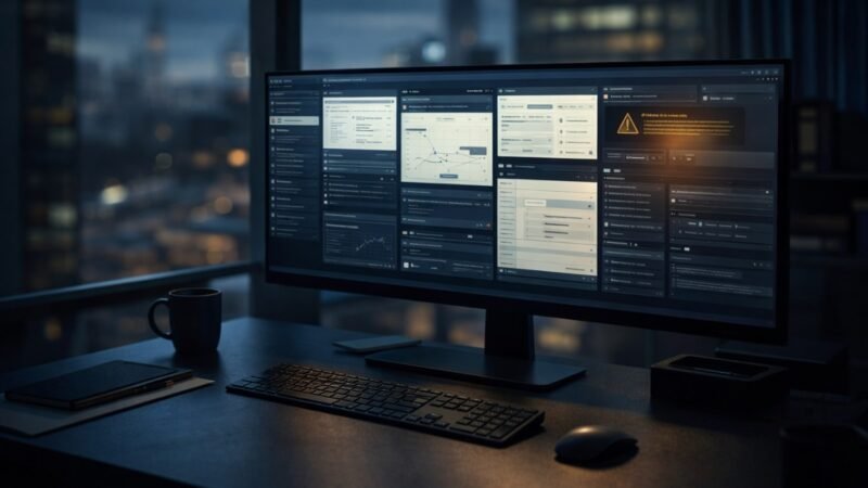 Shadow AI UK business governance gap with unapproved AI tools on office monitor