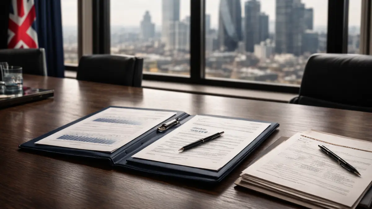Illustrative boardroom scene with documents and pens beside windows overlooking a city skyline.